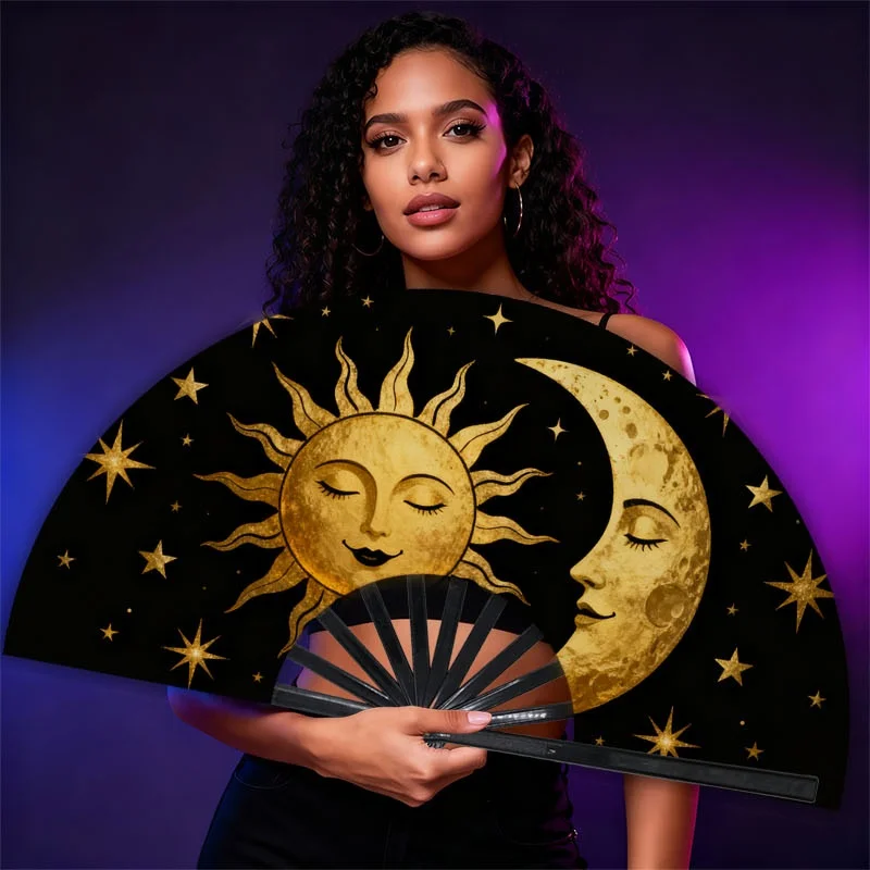 One Golden Sun-Moon Portable Fan, a Single Polyester Decorative Fan Featuring a Playful Celestial Design Suitable for Stage Performances, Parties, Cosplay, And Clubs - Striking And Enchanting, in a Euro-American Paddle Fan Style, Without Battery