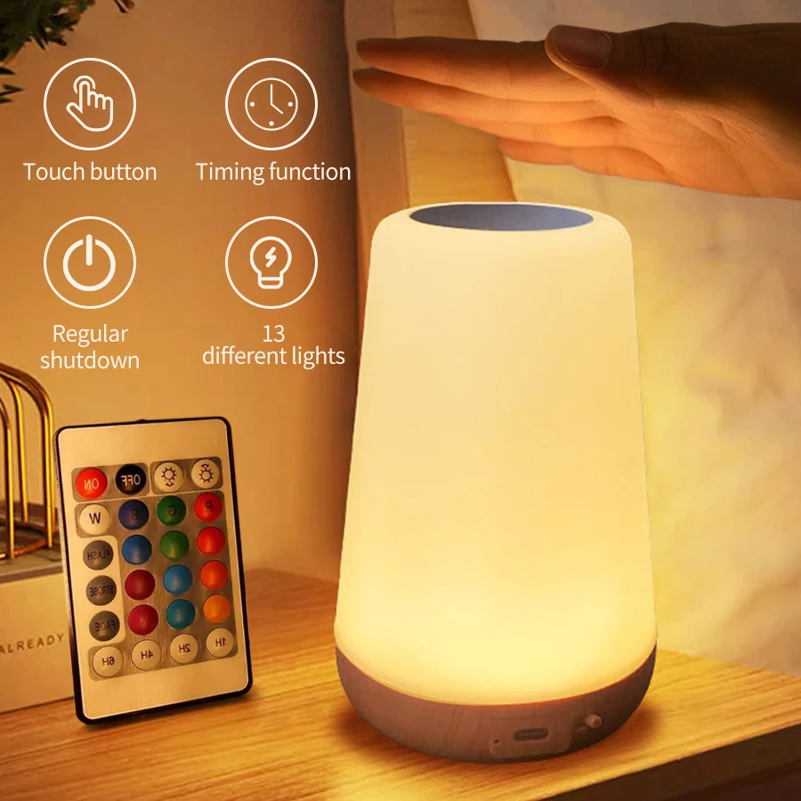 13 Color Changing Night Light RGB Touch Remote Control Dimmable Lamp USB Rechargeable Night Lamp Portable Table Bedside Lamps