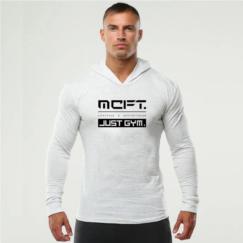 Mens Long Sleeves Elasticity Cotton Hooded T Shirts Muscle Man Gym Fitness Bodybuilding Jogger Brand Clothing Tee Shirt Homme