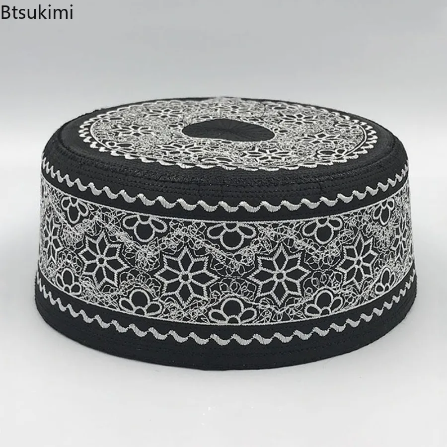 새로운 무슬림 남성 기도 모자 통기성 헤드웨어 쿠피 모자 남성 이슬람 스컬 캡 라마단 이드 선물 민족 스타일 자수 남성 모자