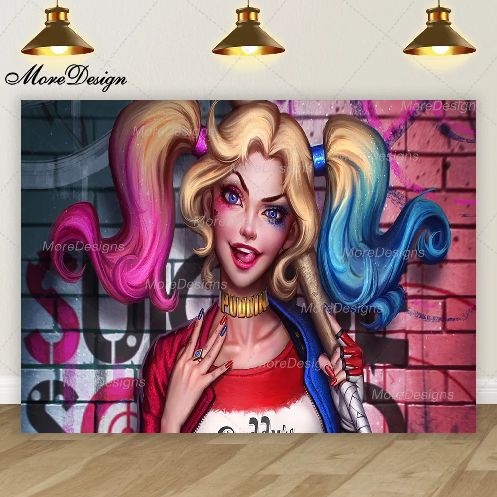 Harley Quinn Photo Backdrop Girls Birthday Party Suicide Squad Moive Banner Vinyl Polyester Fabric Photography Background