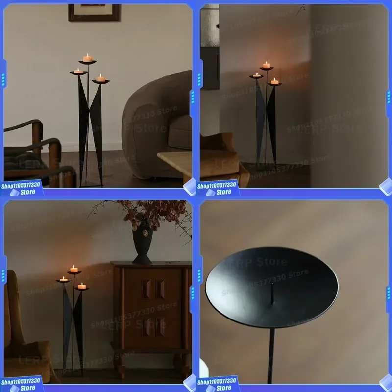Black Wrought Iron Three Headed Candlestick Floor To Ceiling Stand For Hotel Restaurant Decoration New Chinese Style B&B
