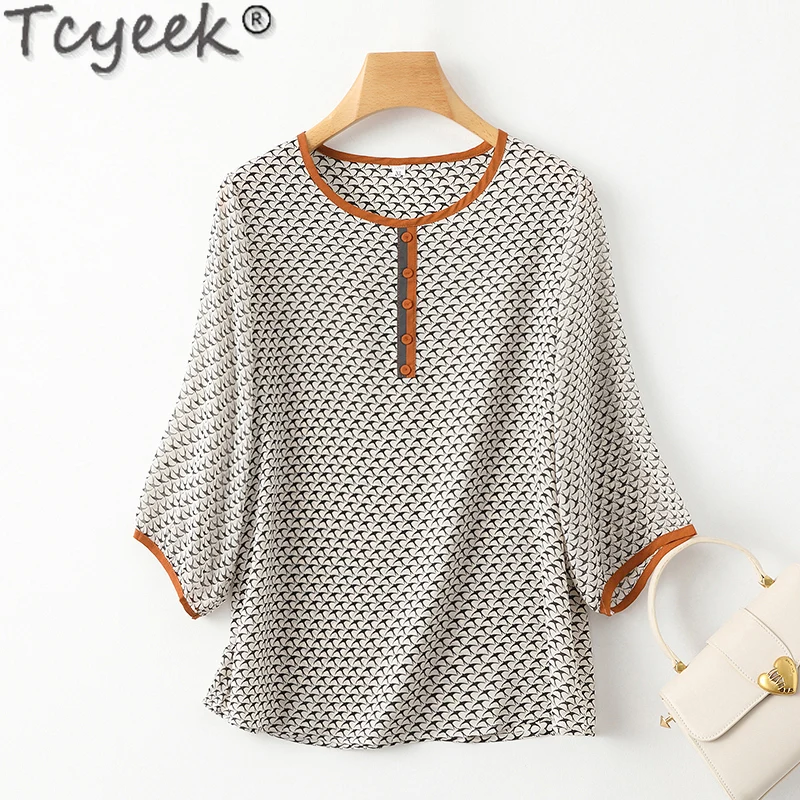 

Tcyeek 92% Mulberry Silk Women Blouse Summer Clothes Short Sleeve Womens Tops Fashion Top Elegant Female Blouses Blusa Feminina