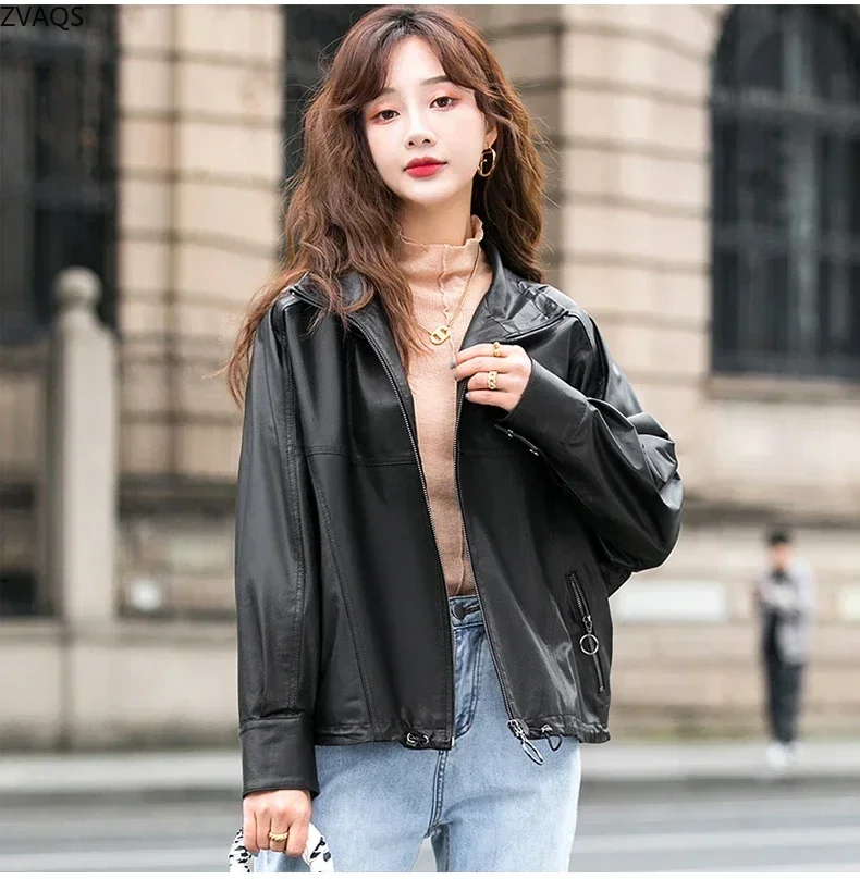 高品質シープスキンレザージャケット女性 2024 カジュアル本革コートショートルーズレザージャケットジッパー Casaco Feminino