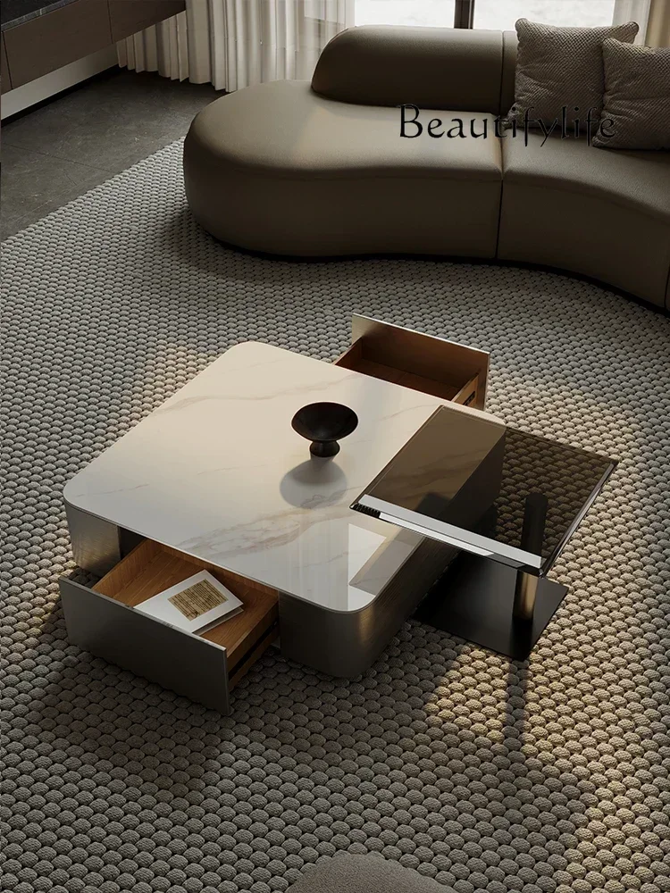 

N19 Modern light luxury stainless steel wire drawing process bright rock slab coffee table high-end sense living room