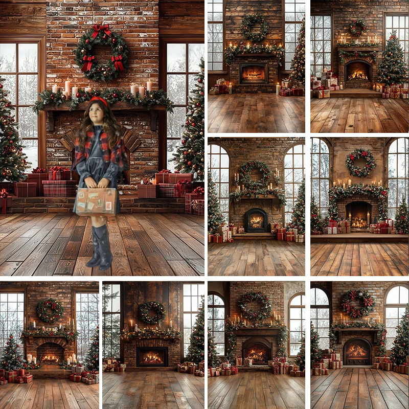 

LS Photography Background Christmas Vintage Fireplace Windows Xmas Tree Kids Family Portrait Decor Backdrop Photo Studio