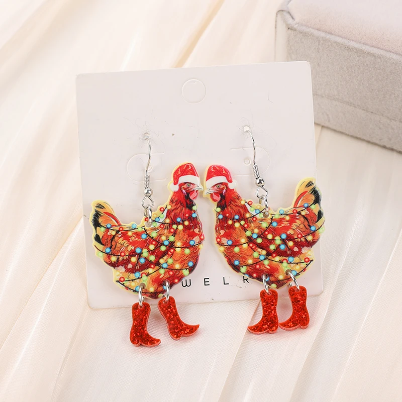 1Pair Christmas Animal Woman Drop Earrings Acrylic Magic Frog Funny Walking Chicken  For Girl Birthday Festival Gift