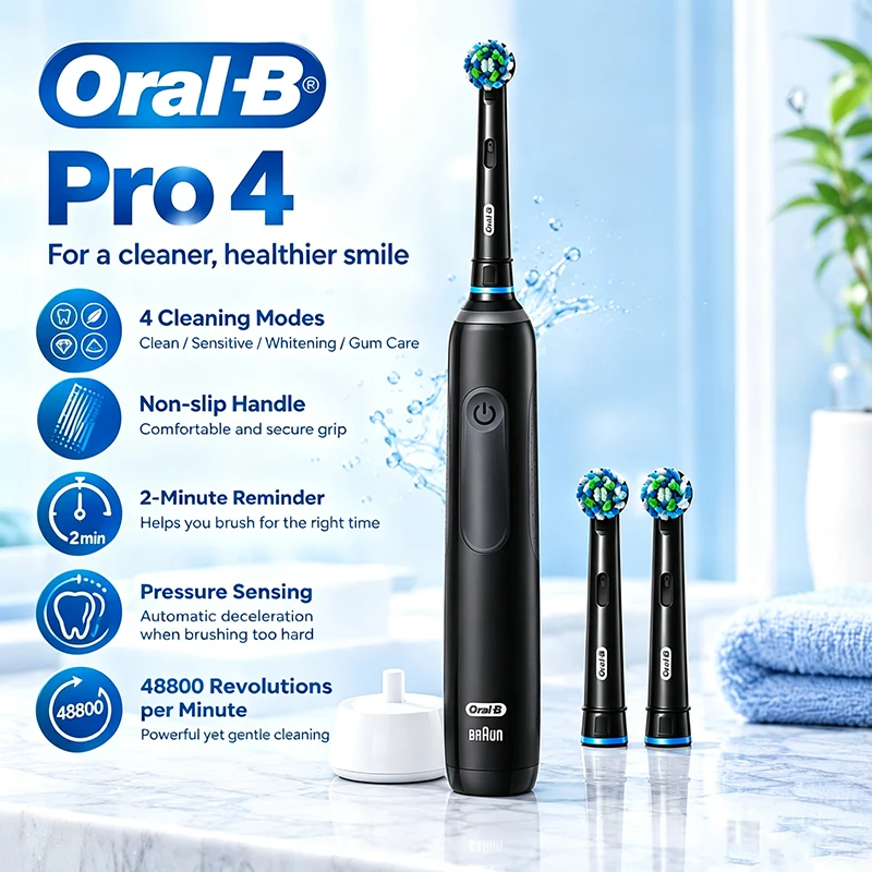Oral-B Pro4 Electric Toothbrush 4 Modes Pressure Sensor 2 Minute Timer Rechargeable Smart Toothbrush with Brush Heads Brush Box