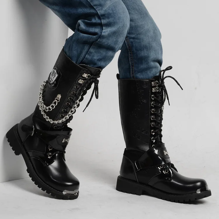 Moda męska buty motocyklowe buty do połowy łydki gotycki pasek buty punkowe męskie buty wysokie buty na co dzień Zapatos Hombre