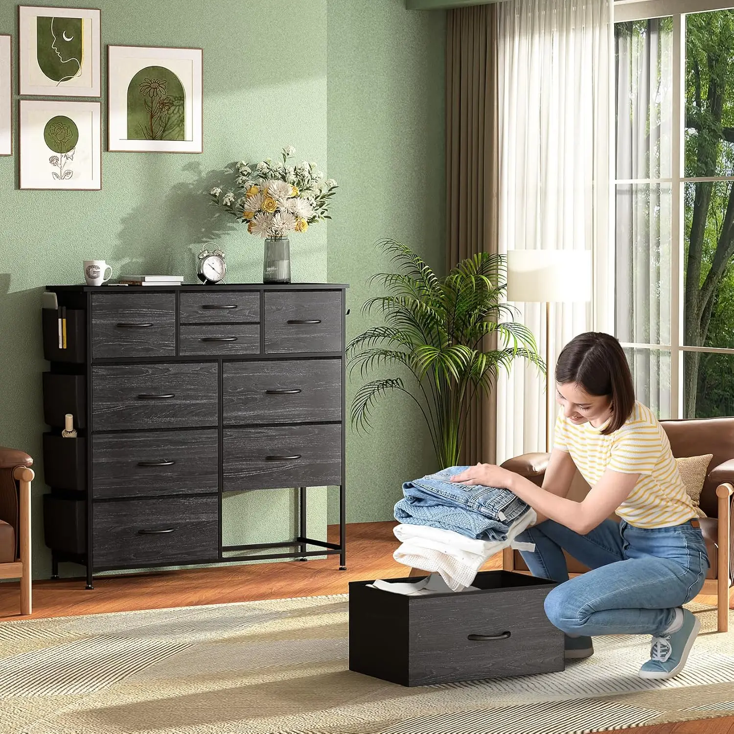 Bedroom with 10 Drawers, Chest of Drawers with Side Pockets, Hooks, Wooden Top and Sturdy Metal Frame, Fabric Dresser Drawers fo