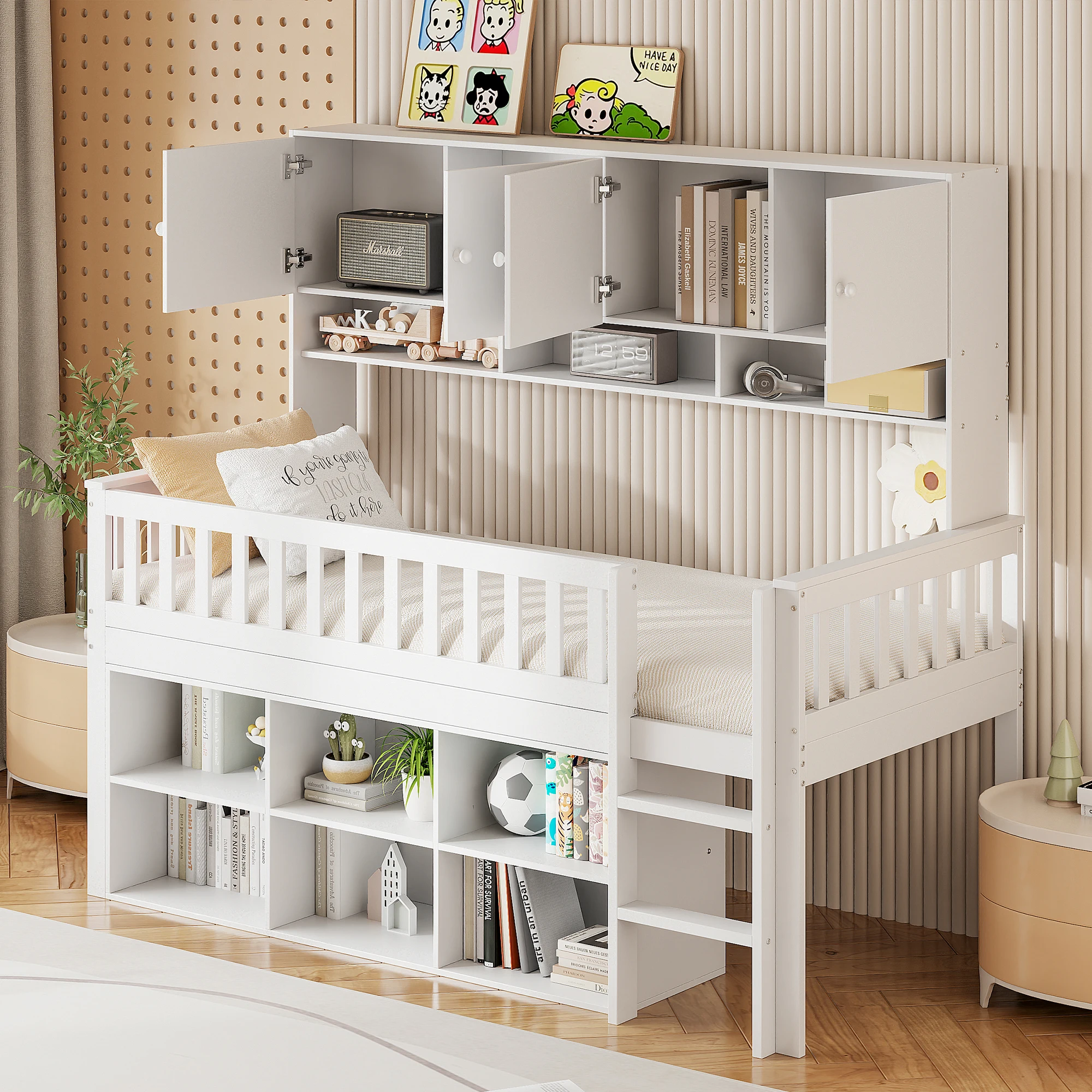 Children's bed from wood 90x200 cm, with storage compartment, lockers and safety ladder, single bed, White