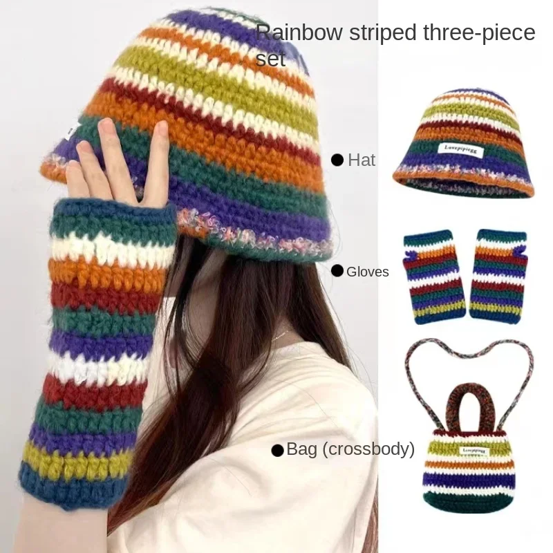 Rainbow Striped Knitted Bucket Hats for Women Autumn Winter Warm Panama Y2K Beanies Set with Gloves Bag Designer Cute Funny Hat