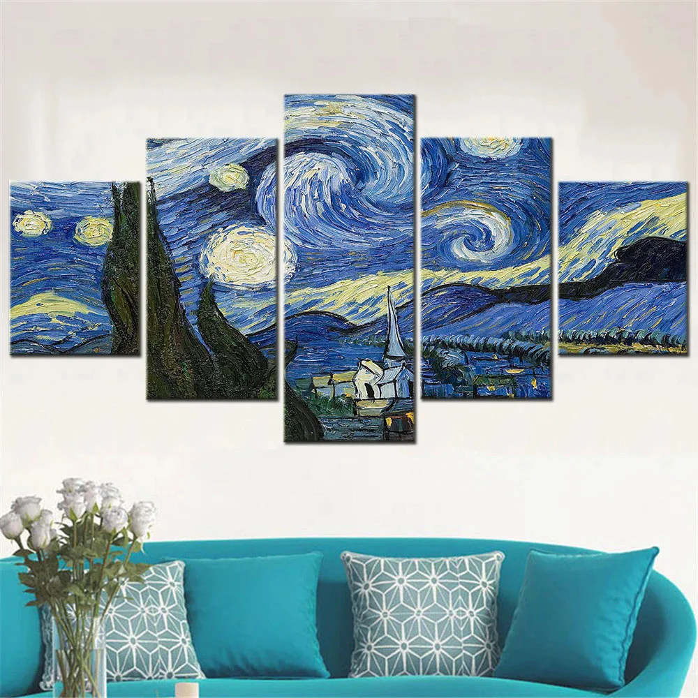 5 Panel Wall Art Set Abstract Starry Night by Van Gogh Full Square Round Drill Diy Mosaic Diamond Painting Embroidery Landscape