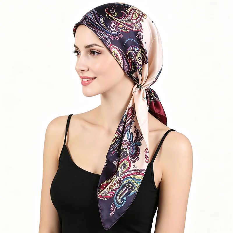 Neuer Damen-Doppelschicht-Paisley-Satin-Instant-Hijab-Schal-Turban, muslimische Kopfbedeckung für Frauen, Chemotherapie-Mütze, Haarausfall-Abdeckung, Kopfwickel, Banda – Detail 12