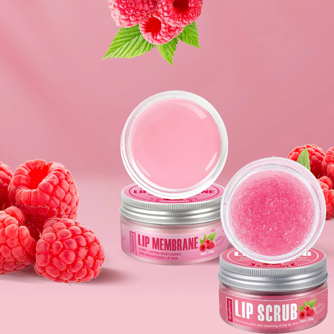 2pcs Raspberry Lip Mask and Scrub Lip Care Set Moisturizing & Hydrating Smooth Lip Brightening Lip Care Perfect Set