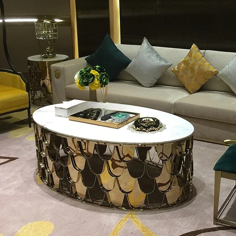

A26 Stainless steel fish scale oval coffee table personalized light luxury household living room marble sofa edge table