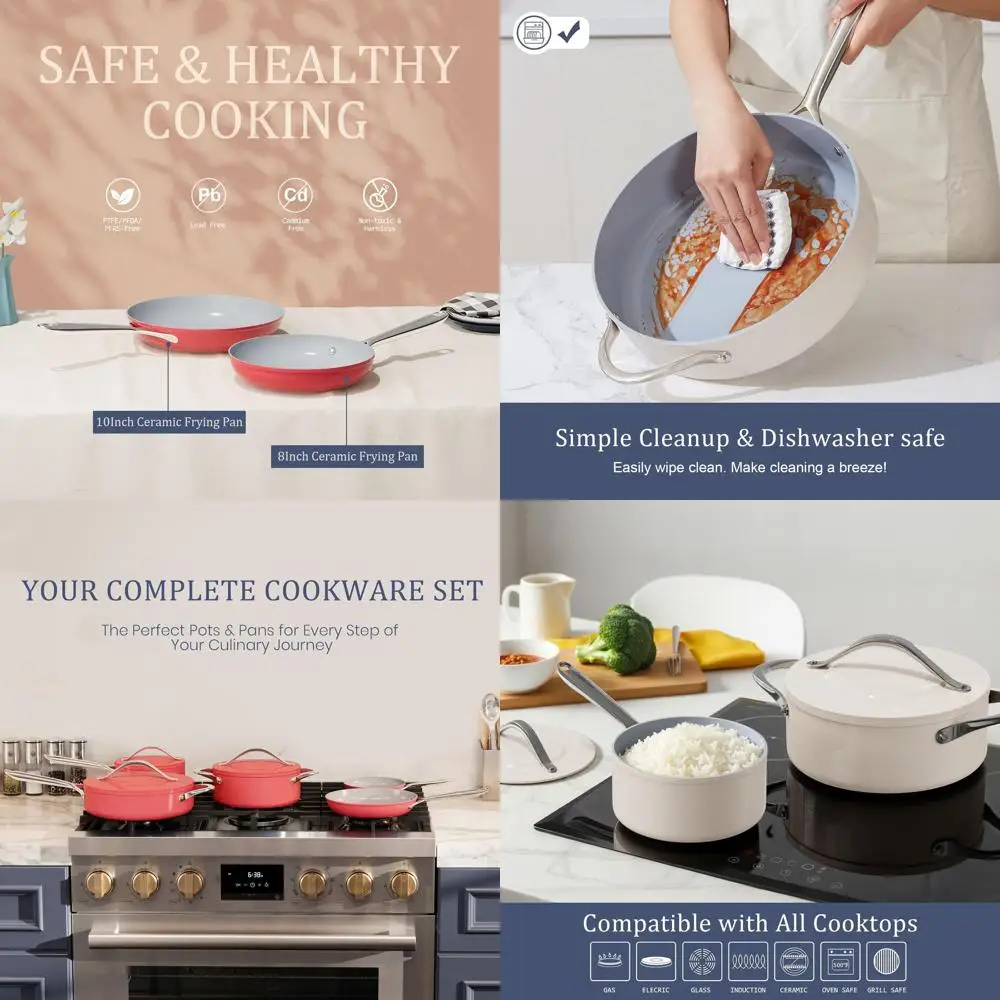 

10 Red Ceramic Nonstick Pan - Healthy Cooking for Eggs, Pancakes, Stir Frys, Oven Safe to 500°F, All Cooktops