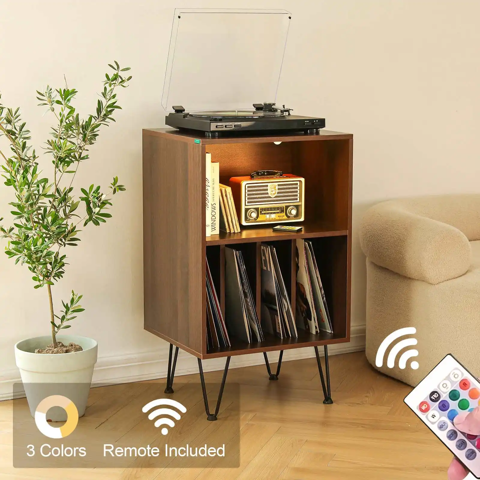 

CD Rack Record Player Stand with LED Lights Record Storage Stand LED with Metal Hairpin Legs Record Table Player for Living Room