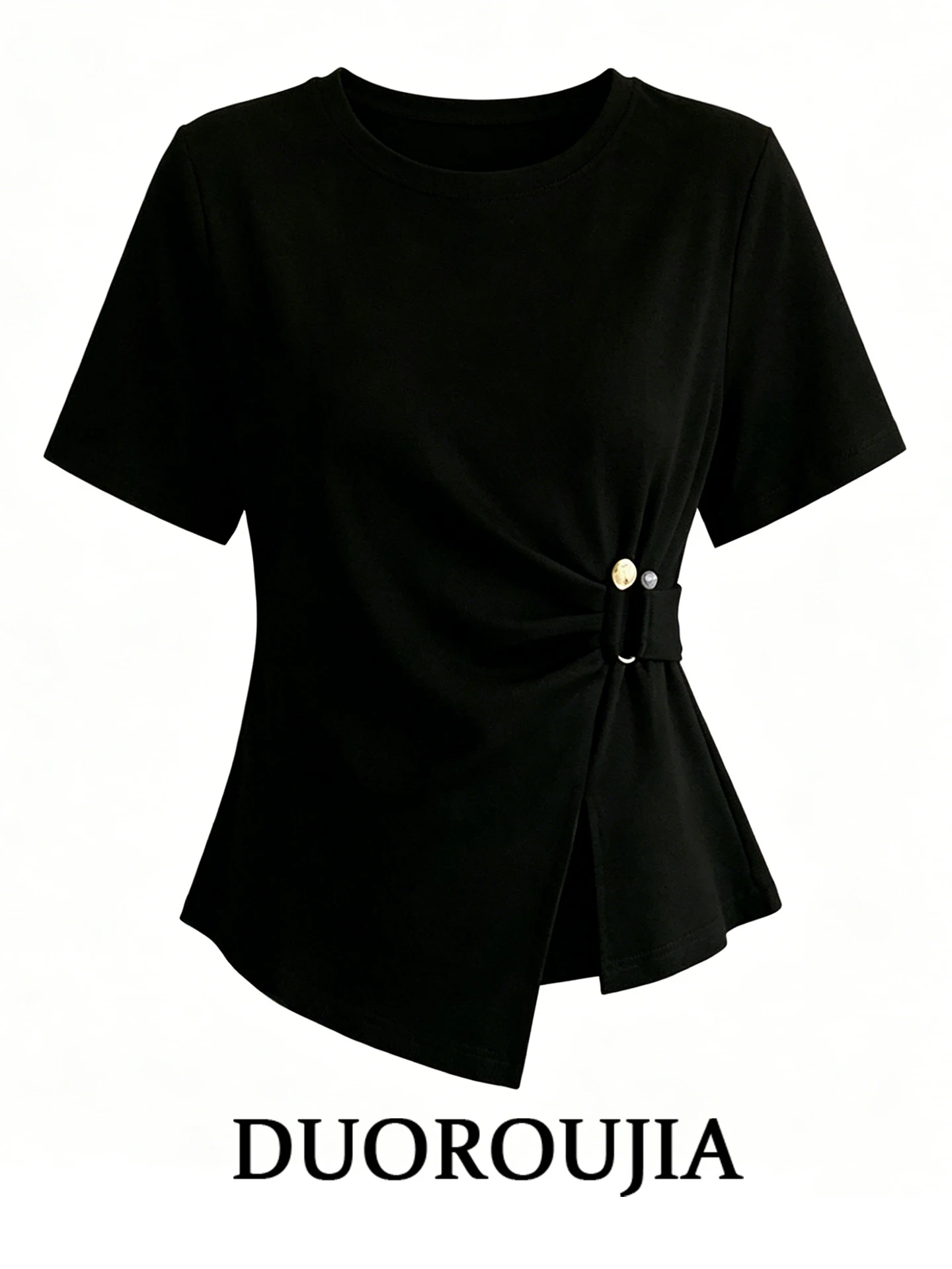 

plus Size Korean Style T-Shirt Women's Summer Slimming Black Folded Short Sleeve Irregular Belted Top Fashionable Versatile