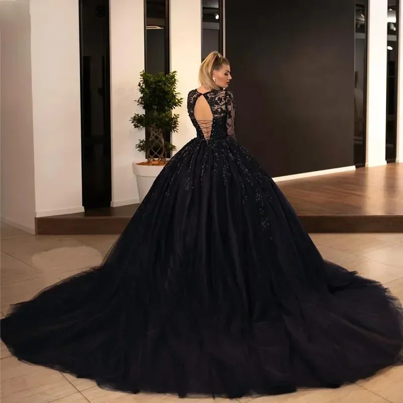 Customized2025 Gothic Black Ball Gown Wedding Dresses Sequins Beads Lace Appliques Bridal Gowns with Long Sleeve Open Back Lace