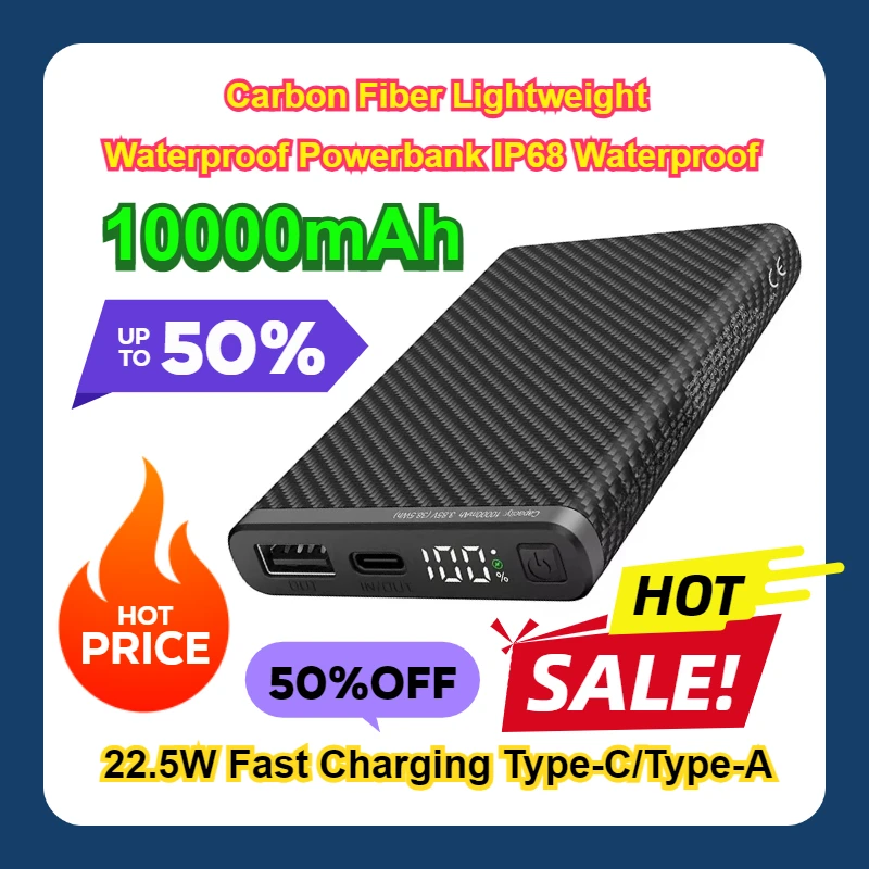 10000mAh 22.5W Fast Charging Type-C/Type-A Carbon Fiber Lightweight Waterproof Powerbank IP68 Waterproof