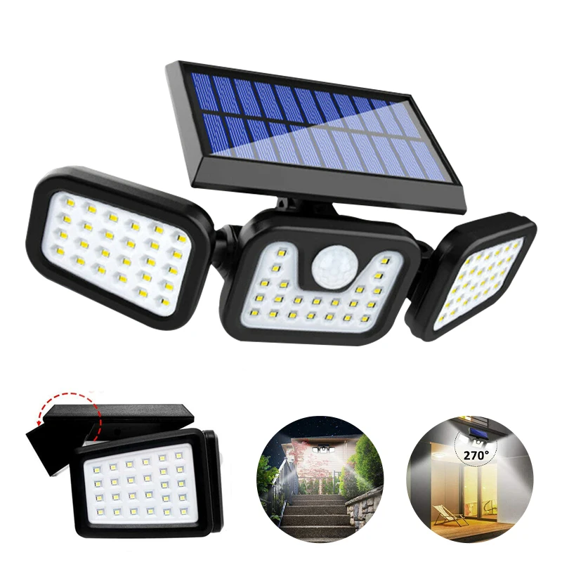 

74 LEDs 3 Head Motion Sensor Solar LED Light Outdoor 3 Modes Waterproof Solar Illumination Wall Lamp Garden Garage Lights