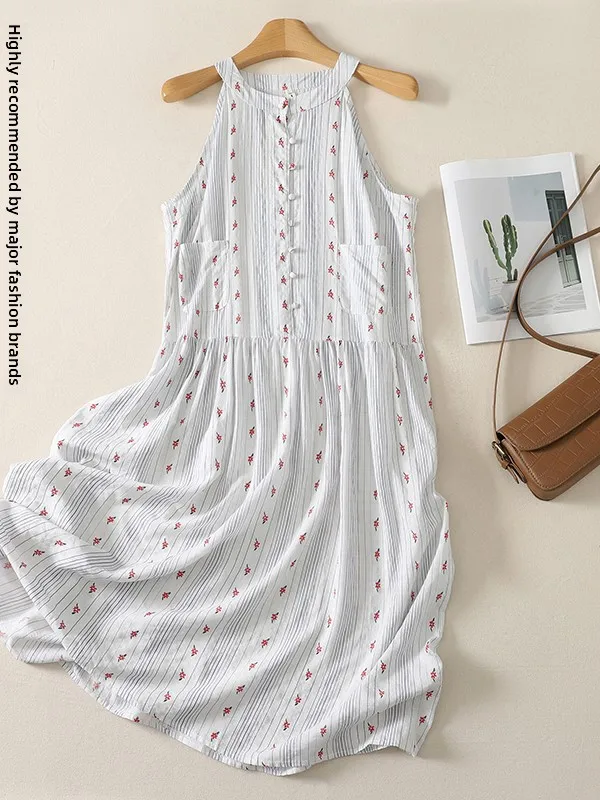 

Sweet Floral Print A-Line Long Dress Women's plus Size Neck Hanging Stripe Pattern Korean Japanese Style Casual Summer Dress