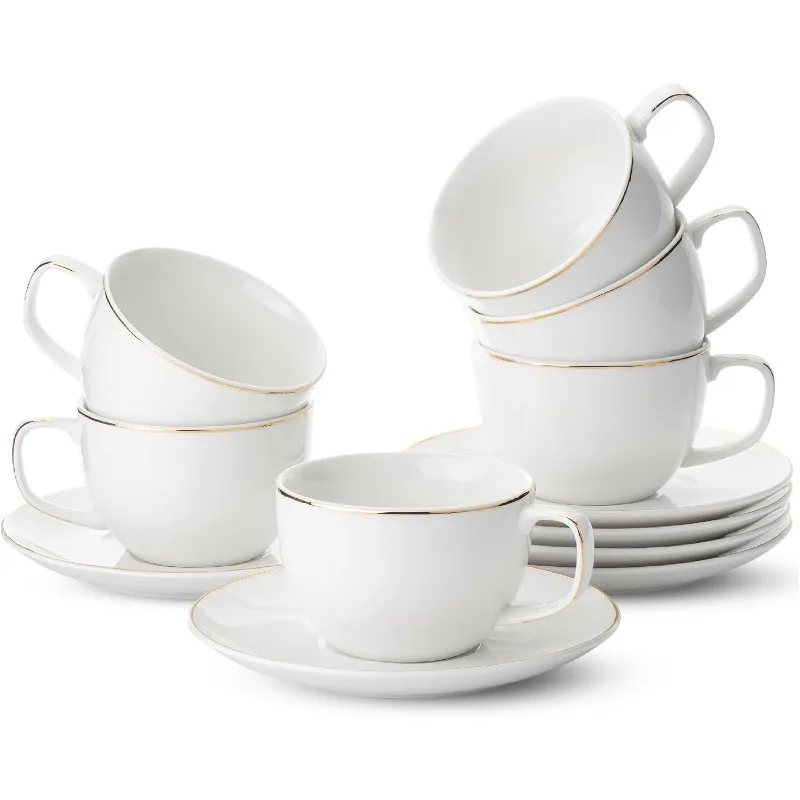 Cups and Saucers, 6oz, Tea Cups Set of 6 with Gold Trim, Porcelain Tea Cups, White Cup & Saucer Sets, White Tea Cup