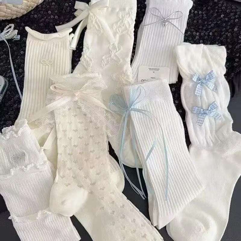5 Paar Damen-Socken mit Schleifen-Accessoires, modische, niedliche Mid-Tube-Socken im Lolita-Stil, weich, bequem, atmungsaktiv, für alle Jahreszeiten, Freizeitsocken – Detail 5