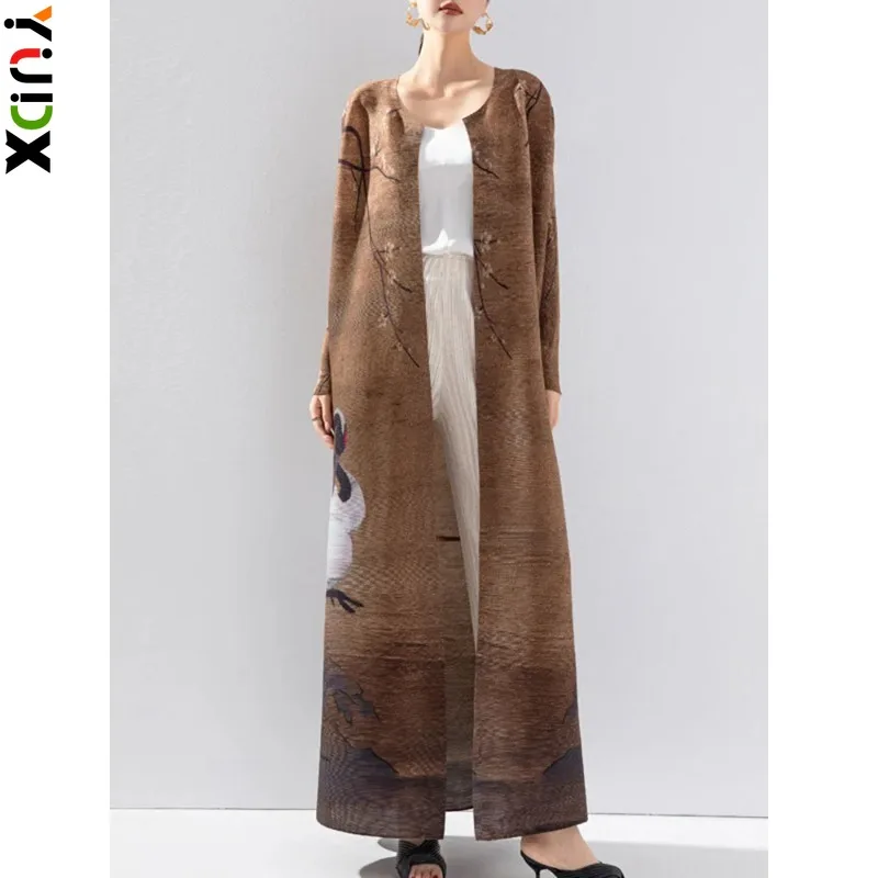 Yudx Miyake Plissee Trenchcoat für Frauen stilvolles Design Rundhals druck Strickjacke lange Wind jacke weibliche Vintage