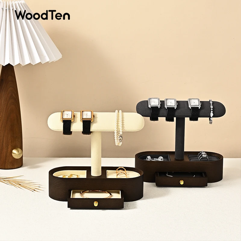 حامل عرض ساعة من الخشب الصلب من WoodTen مع أدراج وقلادة مزدوجة الطبقات وقلادة وسوار منظم وحامل سوار المجوهرات #2