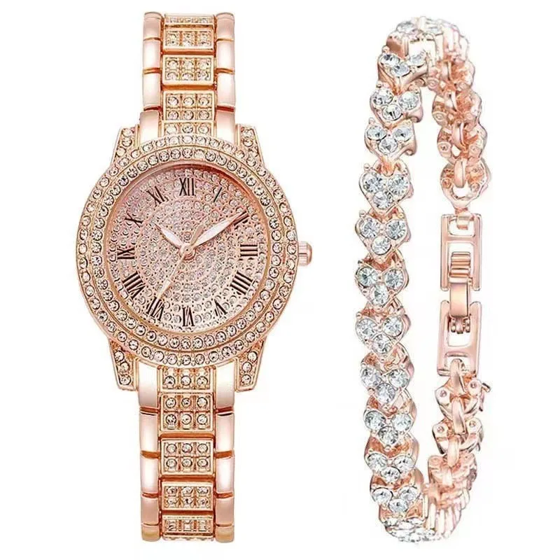 2/5 teile/satz Frauen Edelstahl Band Strass Dail Quarz Uhren und Armband Set Luxus Goldene Armbanduhren Montre Femme