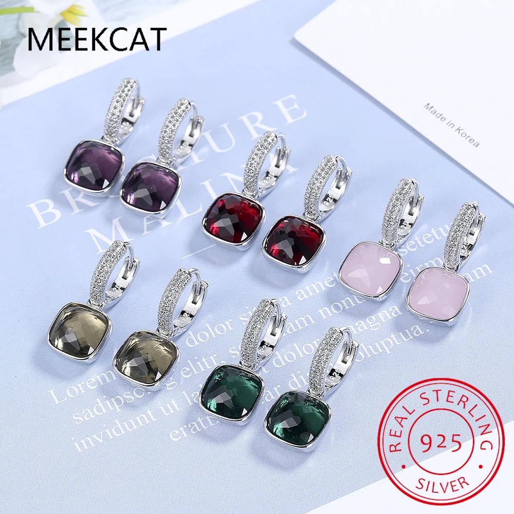 

Princess Cut Natural Garnet Amethyst Citrine Emerald 925 Sterling Silver Square Hoop Earring for Woman Colorful Gemstone Jewelry