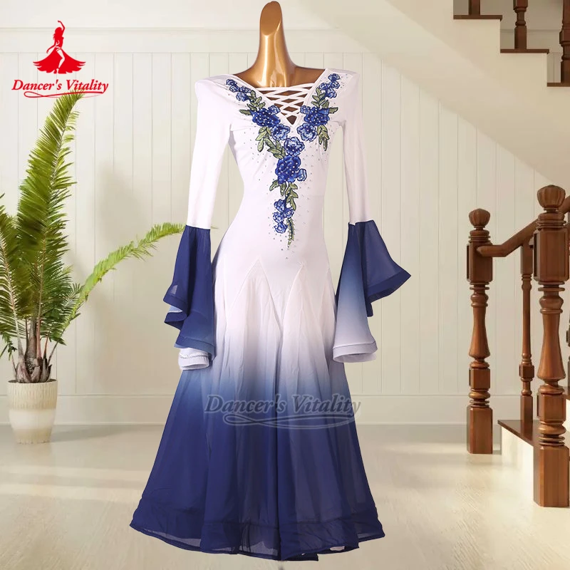 

Танцевальные платья для бальных танцев с градиентным цветом и расклешенными рукавами, для женщин, для вальса и фокстрота, индивидуальный пошив