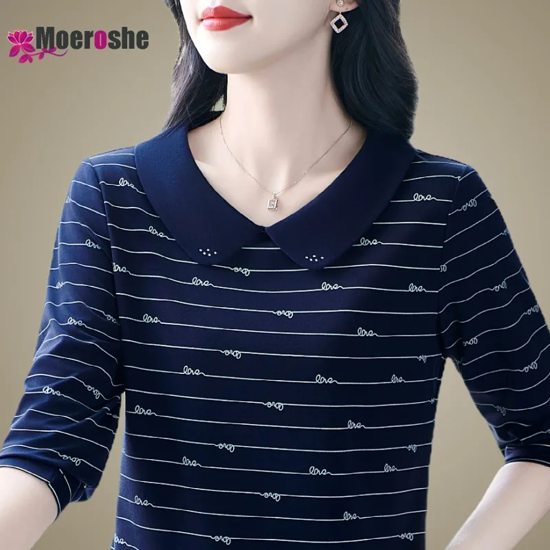 Fall Doll Collar Top Lapel T-Shirt Cute Polo NECK Women Pulovers Autumn Tee T-shirts Youth Women's Striped Long Sleeve Woman