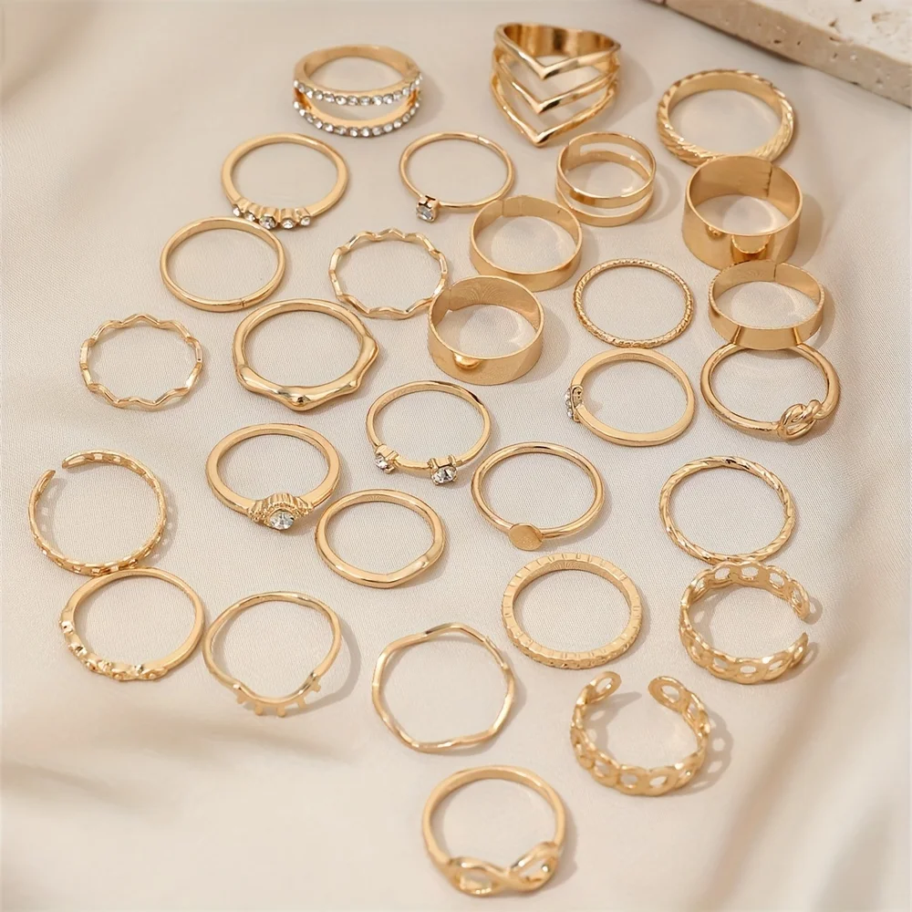 30pcs Elegant Stacking Rings Trendy Infinity / Chain / Knot Design Inlaid Rhinestone Golden Daily Outfits Party Accessories