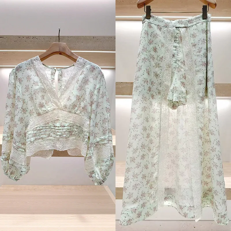 

Summer New 2026 Women Set SeLace Splices Floral Print Shirt Tops+High Waist Shorts Skirt