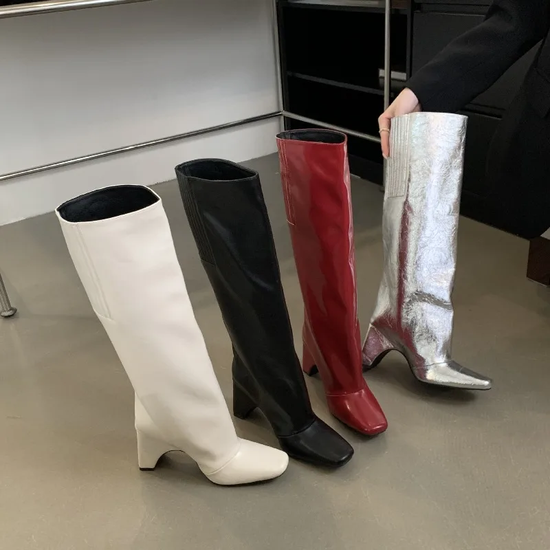 

Женские сапоги до колена на квадратном каблуке с квадратным носком, модная женская обувь белого, серебристого, черного, красного цвета, модные высокие сапоги, большой размер 35-40