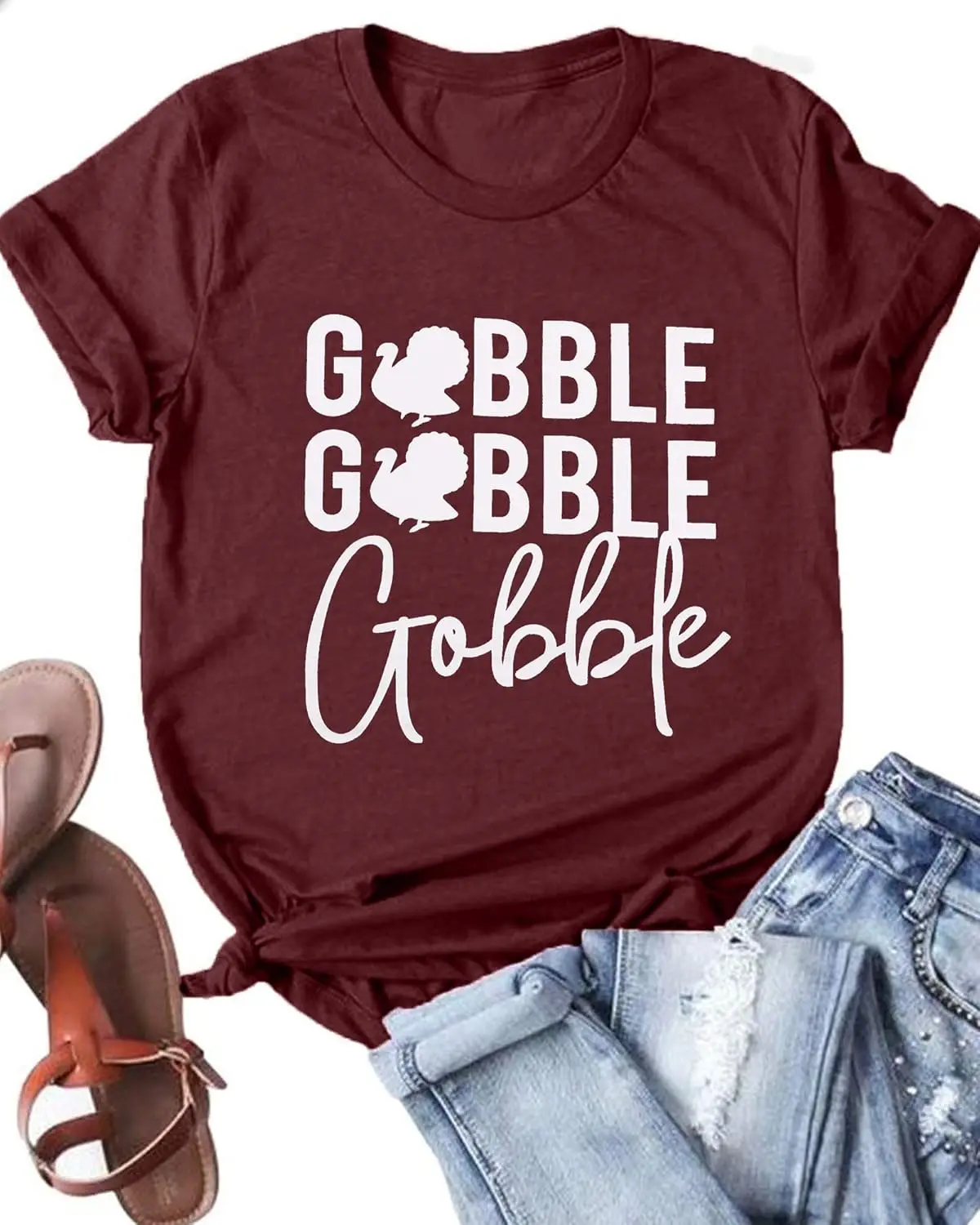 FASHGL Gobble Gobble T-Shirt Women Thanksgiving Shirts Funny Turkey Graphic Tee Casual Short Sleeve Tops