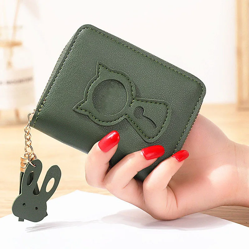 Korean Cute Cat Print Wallet Women Short Wallet  Zipper Card Bag Clutch Bag Coin Purse Credit Card Holder with Tassel Pendant