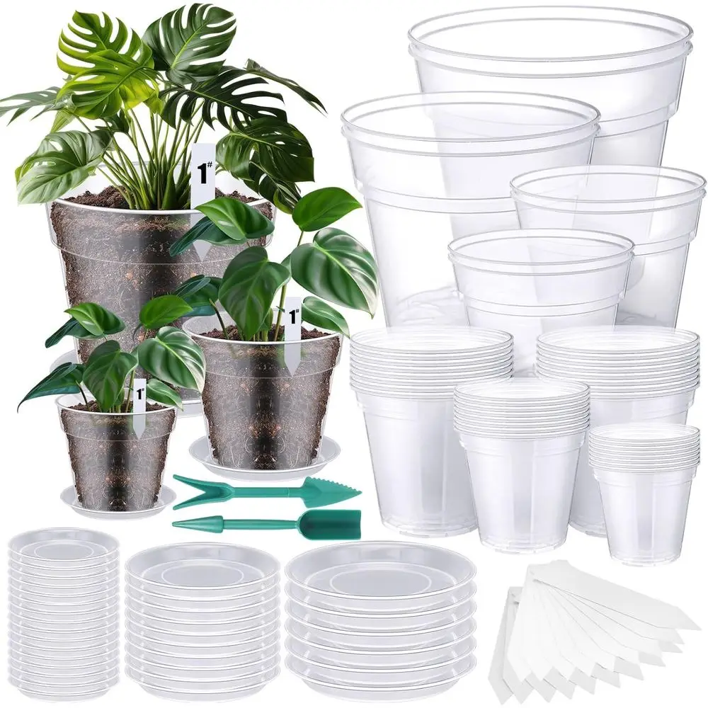 40 Pack Clear Plastic Nursery Pots with Drainage, Trays, Labels, and Garden Tools for Seedlings and Plants