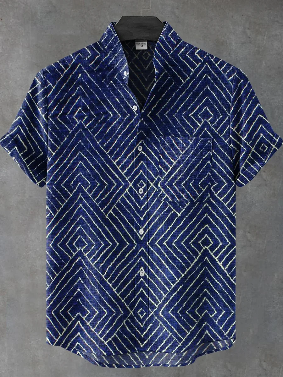New best-selling men's irregular pattern printed casual street wear, retro linen stand-up collar short-sleeved shirt, fast deliv