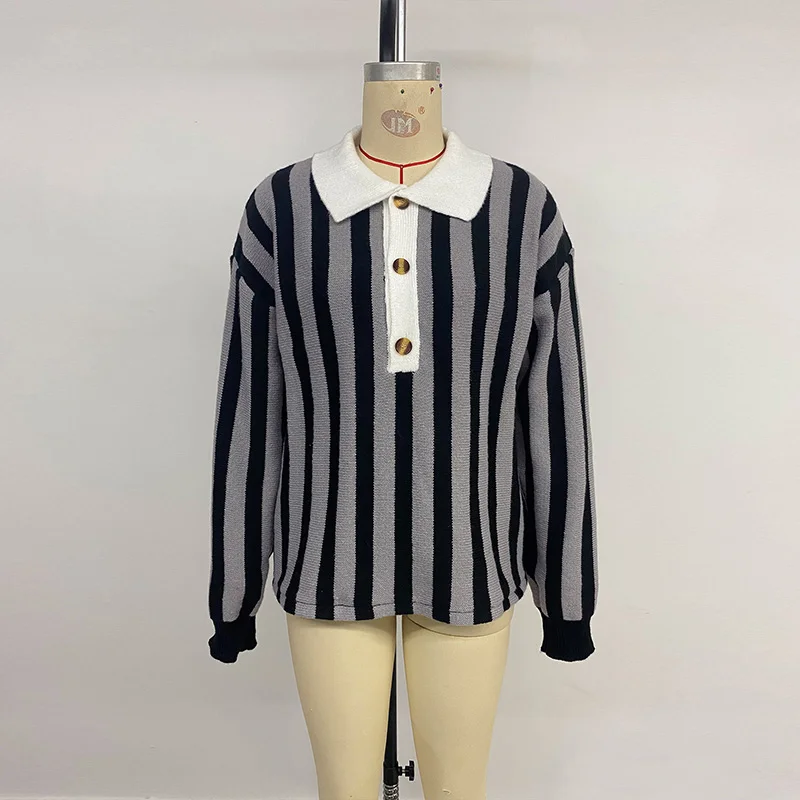 Benuynffy بدوره إلى أسفل طوق زر سترة المرأة الخريف والشتاء 2025 عمودي مخطط عادية بلوفر مغزول البلوز القمم