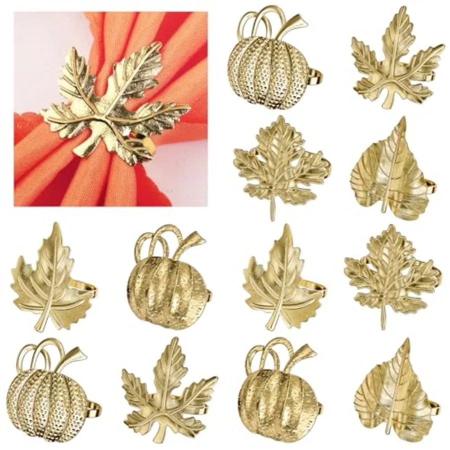 

Thanksgiving Napkin Rings Set of 12 Maple Leaf Gold Fall Napkin Rings Holders Buckle Pumpkin Patterns for Thanksgiving Harvest