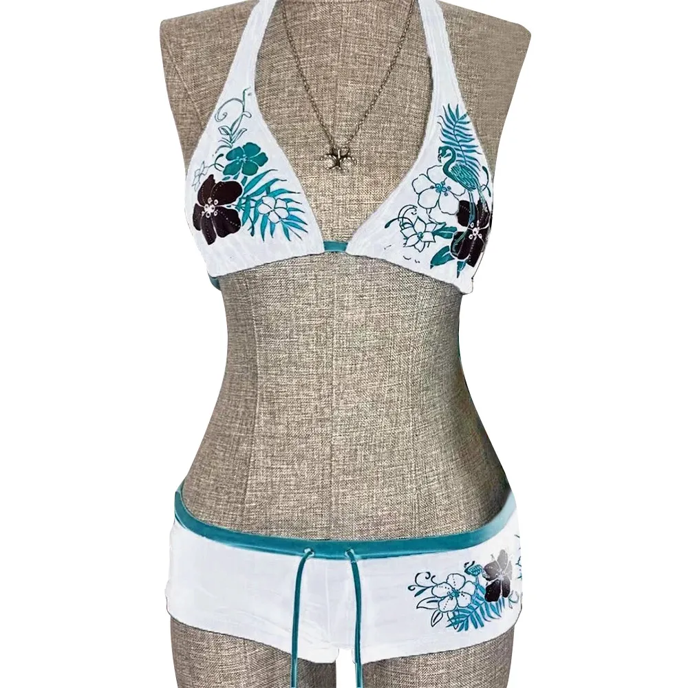 

Fashion Vintage Bikini Set Adjustable Flower Print Swimsuit Sexy Low Waist Halter Strap Swimwear Beach Wear