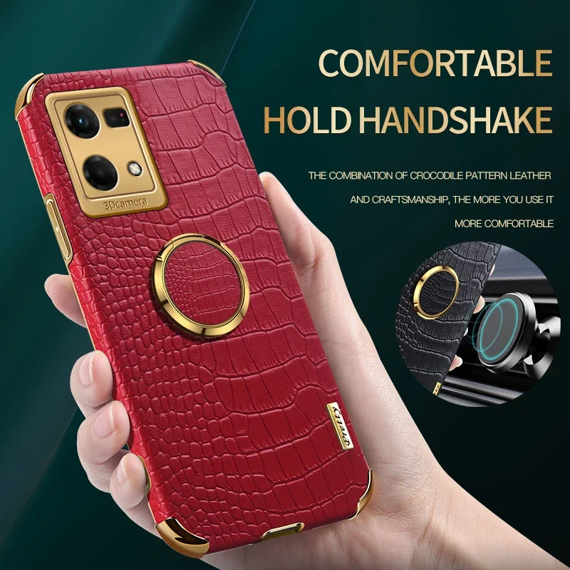 Casing Silikon Kulit Pola Buaya Untuk OPPO Reno 7 Pro 7Z 4G 5G Dengan Penyangga Cincin Magnetik, Penyangga Lipat, Pelindung Benturan