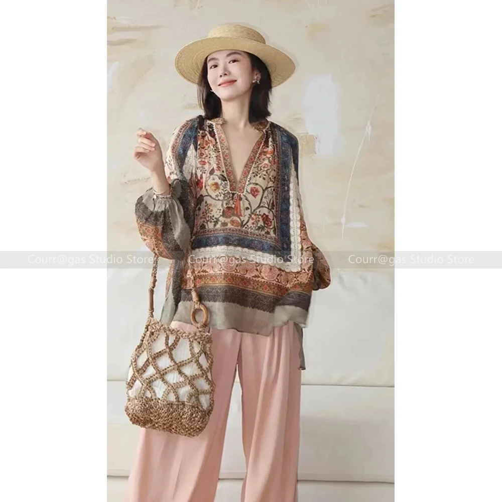 

Early autumn niche ethnic style ramie printed V-neck splicing lace loose shirt blouse female