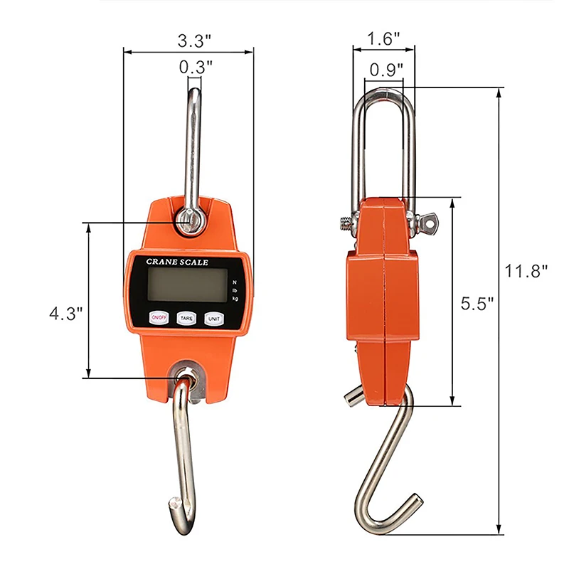 Bilancia elettronica per gru con capacità di 300 kg in acciaio inossidabile, display digitale LCD, bilancia sospesa per pesatura industriale resistente.