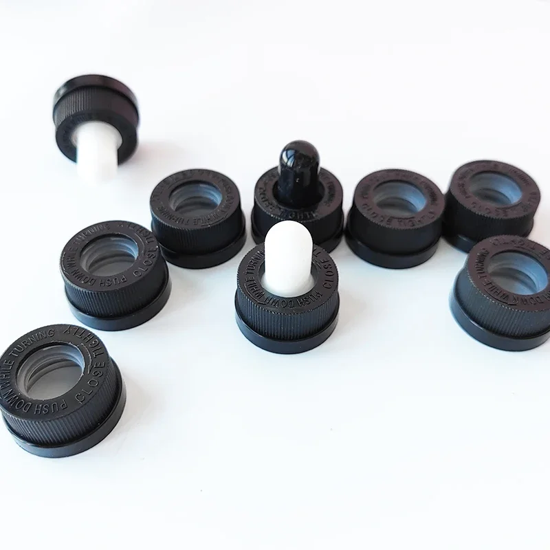 100Pcs*18mm 20mm 410 Neck Size Childproof Press Screw Dropper Lids Covers For 5-100ml Glass Essential Oils Serum Liquid Bottles