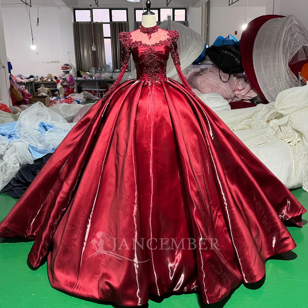 Classic Burgundy Ball Gown Customized Wedding Dress High Neck Mesh Long Sleeves Beaded Choker Satin Skirt vestidos de novia boda